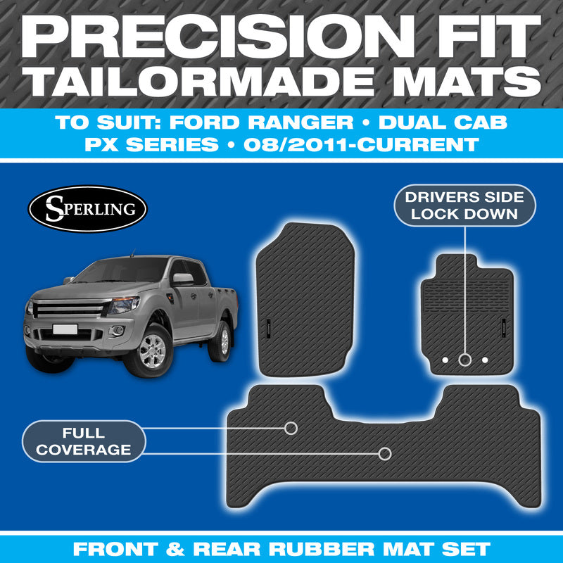 Rubber Custom Floor Mats Suits Ford Ranger Dual Cab PY 6/2022-On Front & Rear Black