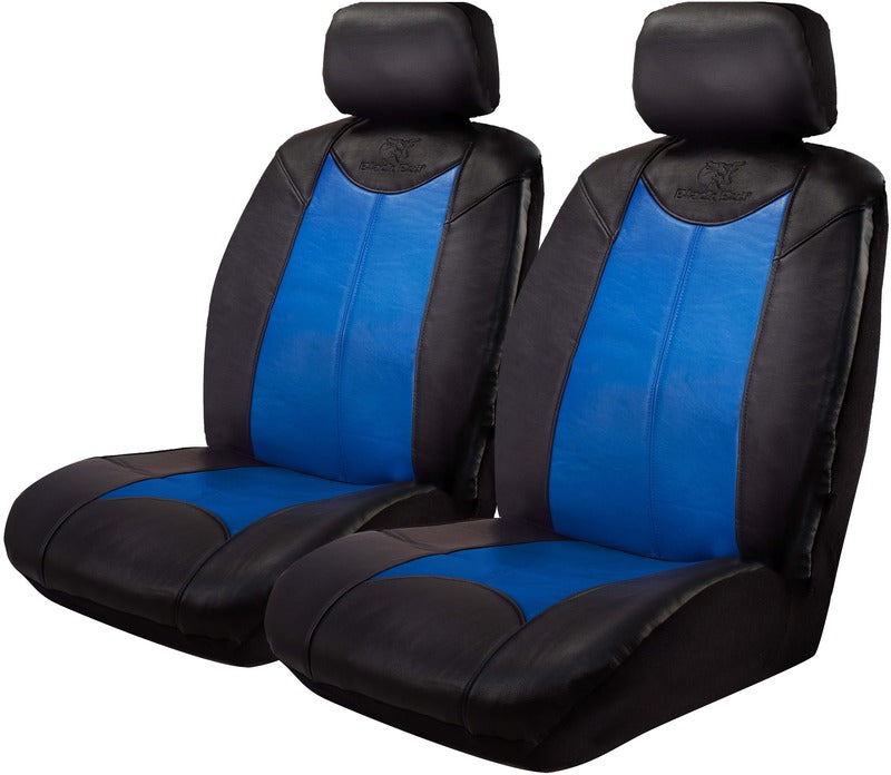 Black Bull Leather Look Seat Covers Airbag Deploy Safe Black/Blue One Pair Size 30