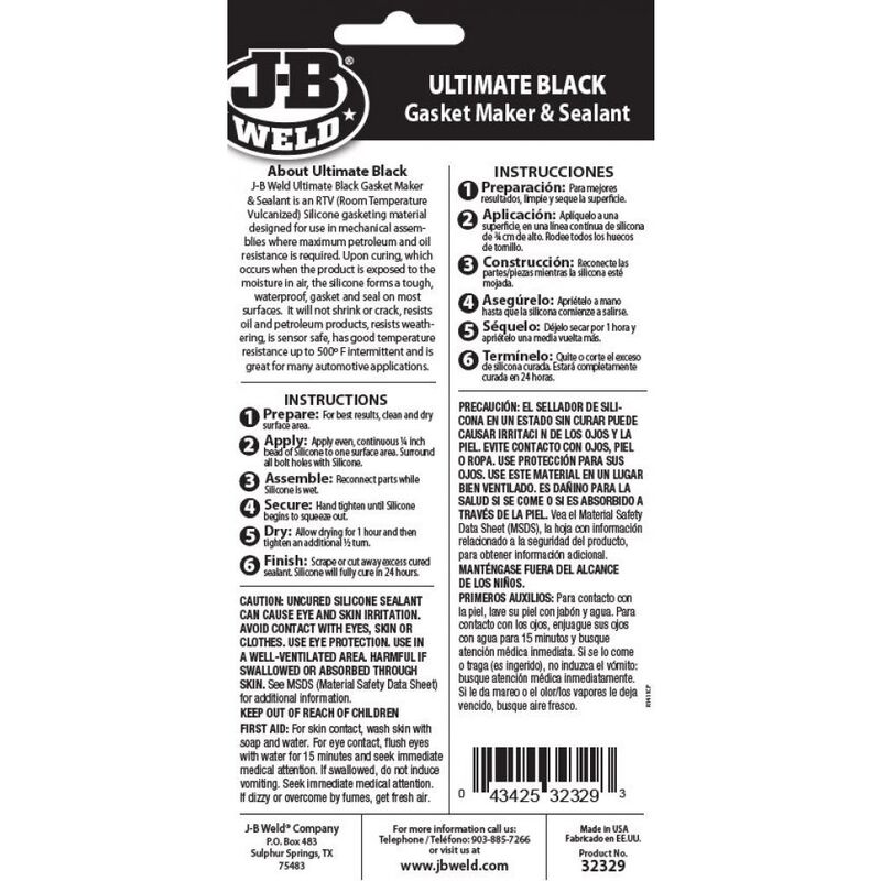 J-B JB Weld Ultimate Black Gasket Maker & Silicone Sealant RTV 85gm 3292AUS