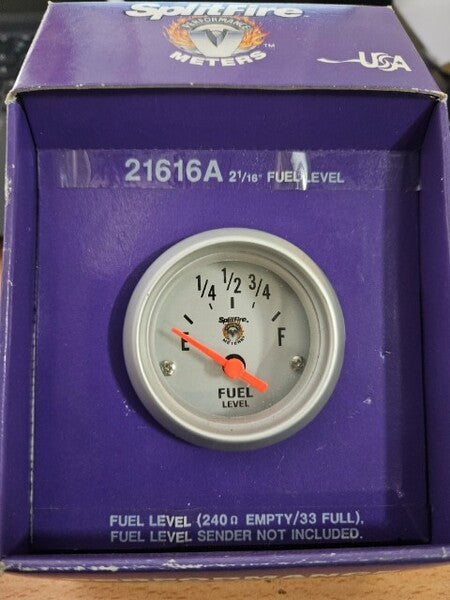 Splitfire 2 1/16" Fuel Level Gauge Empty 240 OHM Full 33 OHM Silver 21616A