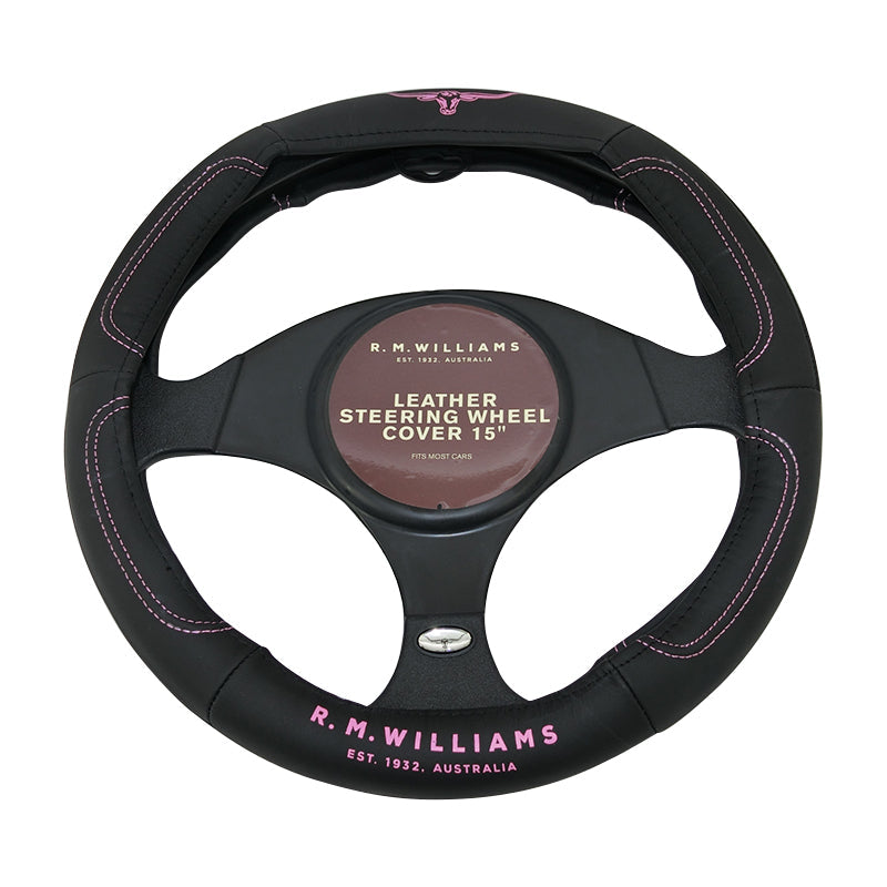 RM Williams Steering Wheel Cover 15 Inch 38cm Leather Jillaroo Pink Logo