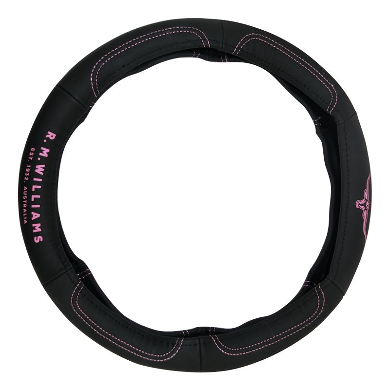 RM Williams Steering Wheel Cover 15 Inch 38cm Leather Jillaroo Pink Logo