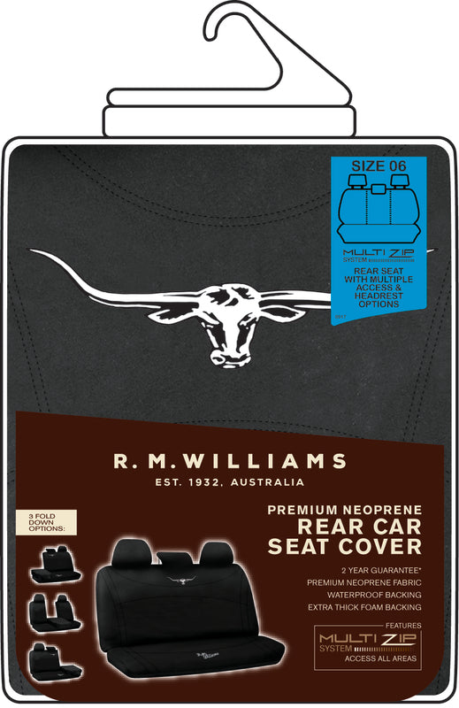 RM Williams Neoprene Black Seat Covers Size 06 Rear Multi-zip Universal Fit NPRMWBBL06