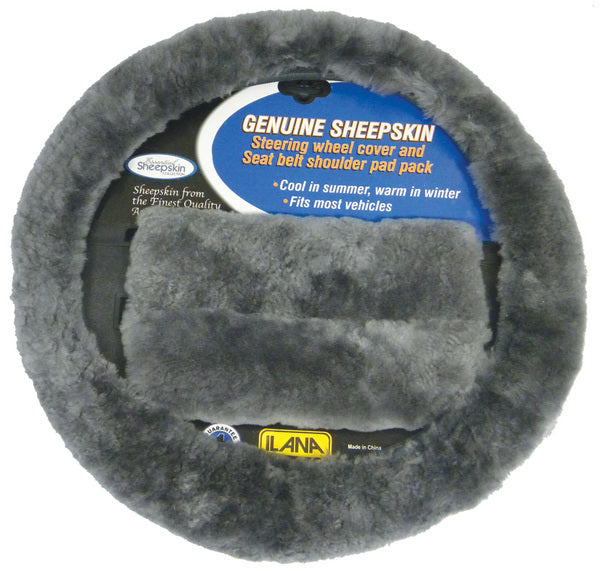 Sheepskin Steering Wheel Cover And Seat Belt Pad Pack 24/SKINACCBLA