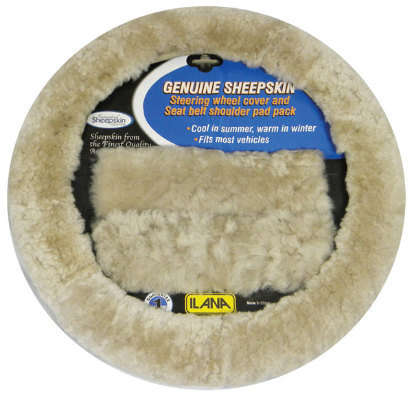 Sheepskin Steering Wheel Cover And Seat Belt Pad Pack 24/SKINACCBLA