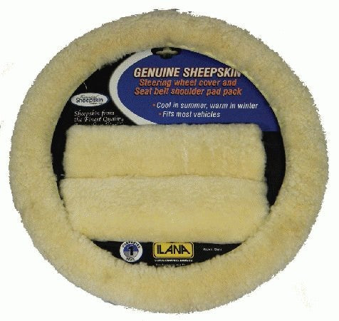 Sheepskin Steering Wheel Cover And Seat Belt Pad Pack 24/SKINACCBLA