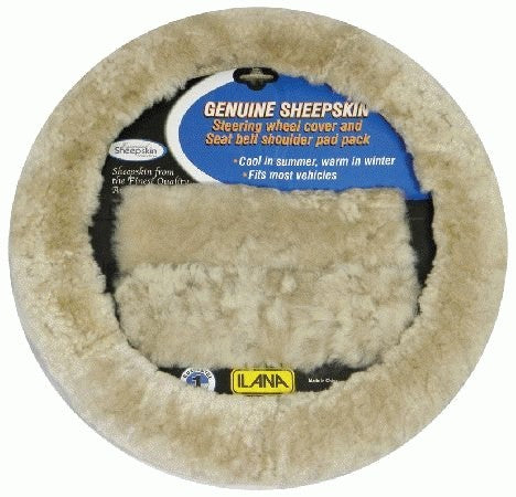 Sheepskin Steering Wheel Cover And Seat Belt Pad Pack 24/SKINACCBLA