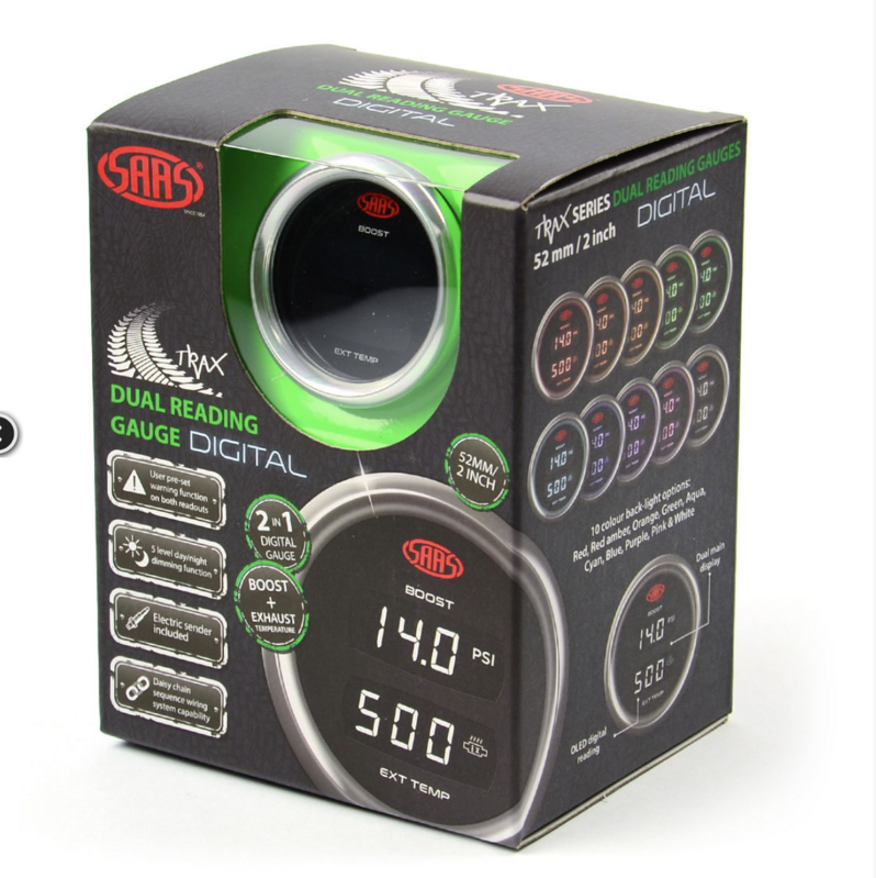 Saas 52mm 2 Inch Car Dual Digital Boost Gauge 0-30 Psi Exhaust Temperature 0°-900° TRAX  SG911240