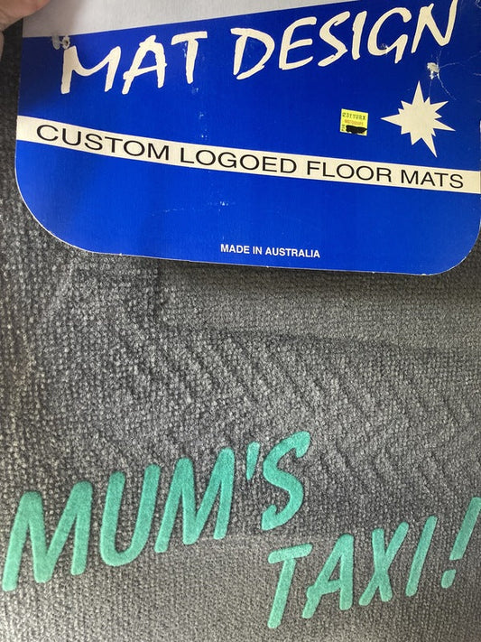 Mum's Taxi Logo Floor Mats Front Pair Grey Mats Teal Blue Logo