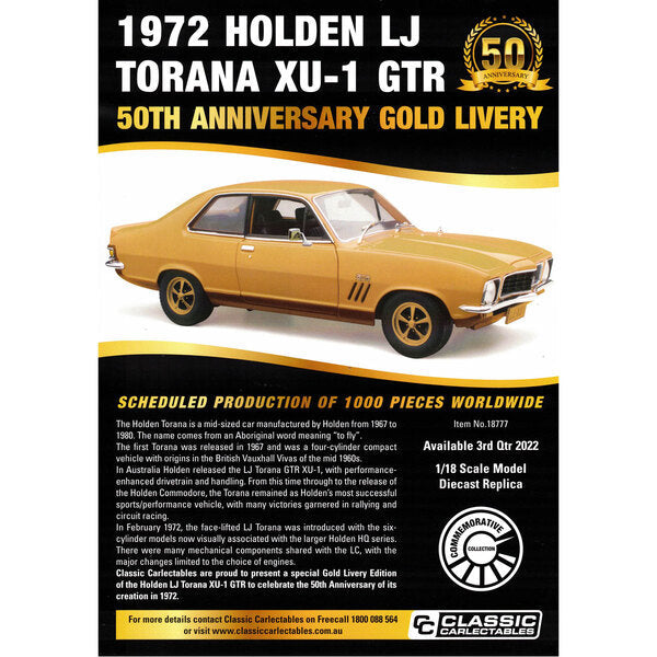 1:18 Classic Carlectables 1972 Torana LJ XU-1 GTR 50th Anniversary 18777