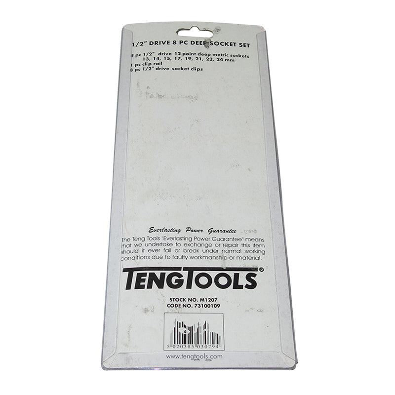 Teng Tools 8 Piece 1/2 inch Drive Deep Metric Sockets on a Clip Rail M1207