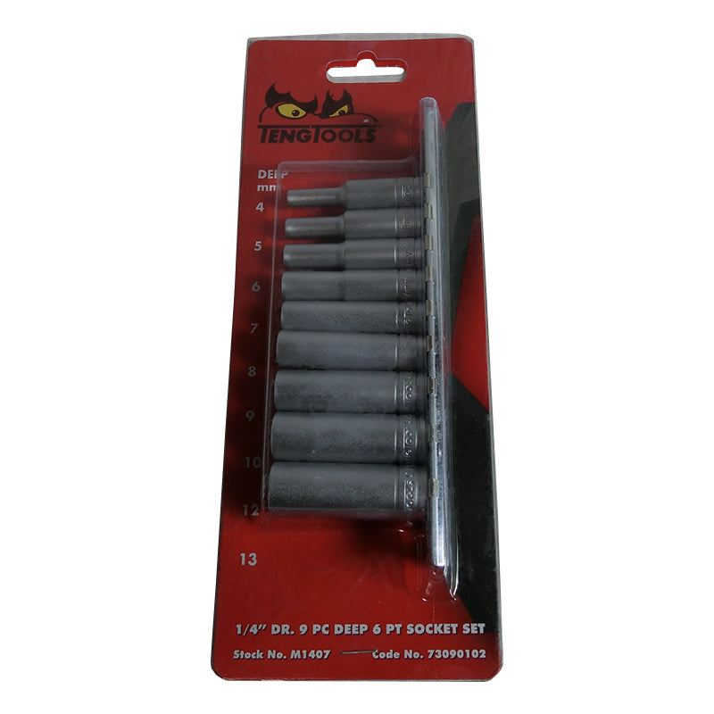 Teng Tools - 9 Piece 1/4 inch Drive Deep 6 Point Sockets on Clip Rail M1407