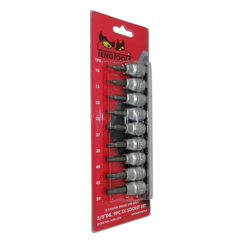 Teng Tools 3/8 inch Drive 9 Piece Tamper Proof Torx Bit Socket Set M3813TPX