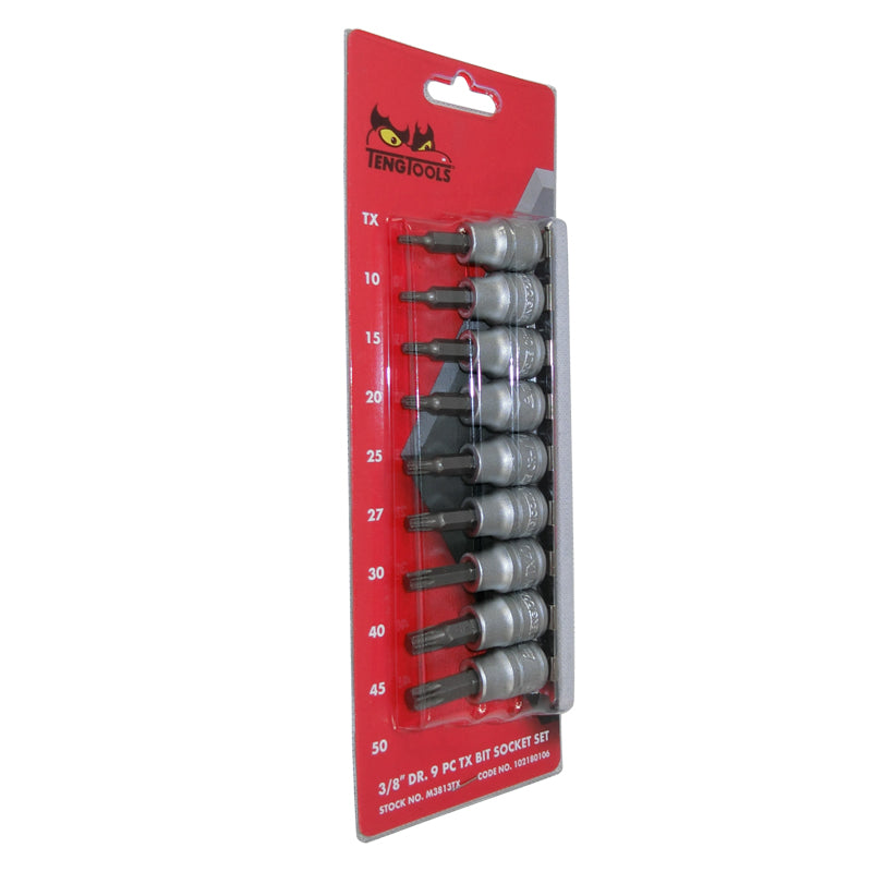 Teng Tools - 3/8 inch Drive 9 Piece Torx Bit Socket Set On Rail M3813TX