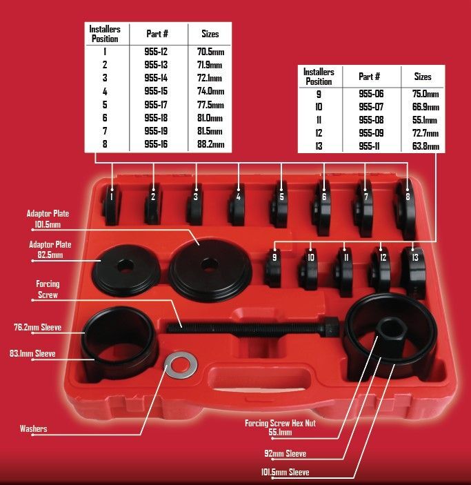 Puller & Press Kit - 23Pc Bush   Bearing & Seal 50   55   60   64   67   70   72   74   75   78   82   84 & 88Mm Universal