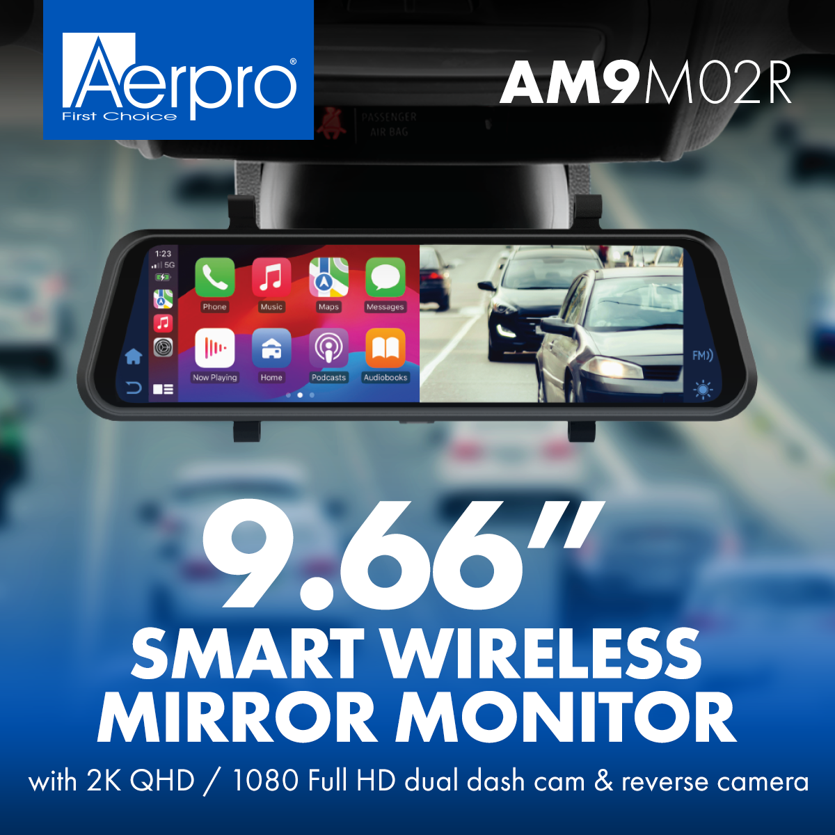 9" Wireless Smartphone Mirror Monitor with Reverse Camera & Dual Channel Recording AM9M02R